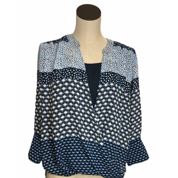 New Directions Blouse Shirt Top Womens Small Blue White Career Work Boho Pullove - Picture 1 of 5